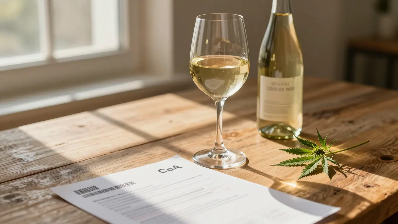Glas Cannabis-Wein neben Laborzertifikat auf Holztisch