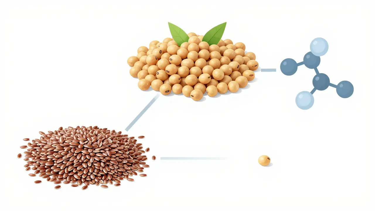 Grafischer Vergleich der Phytoöstrogene in Soja, Leinsamen und Hanf