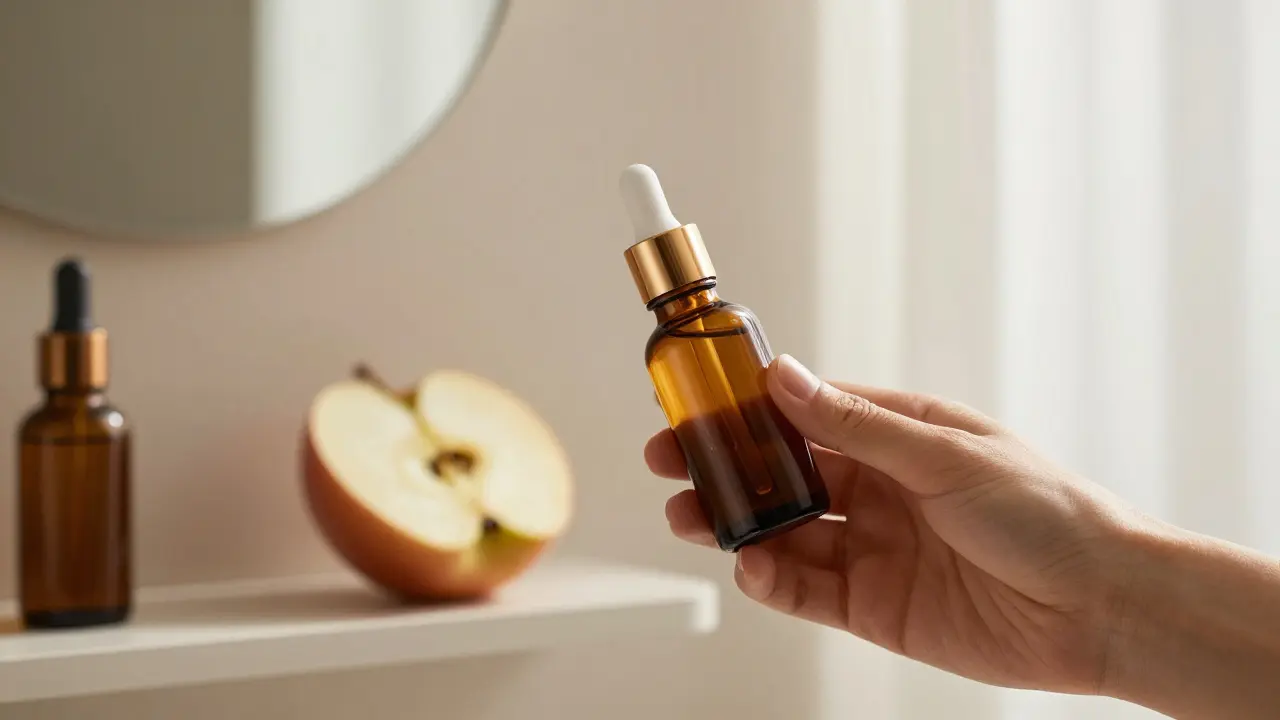Hand hält dunkle Serumflasche mit Vakuumpumpe neben einem braun werdenden Apfel.
