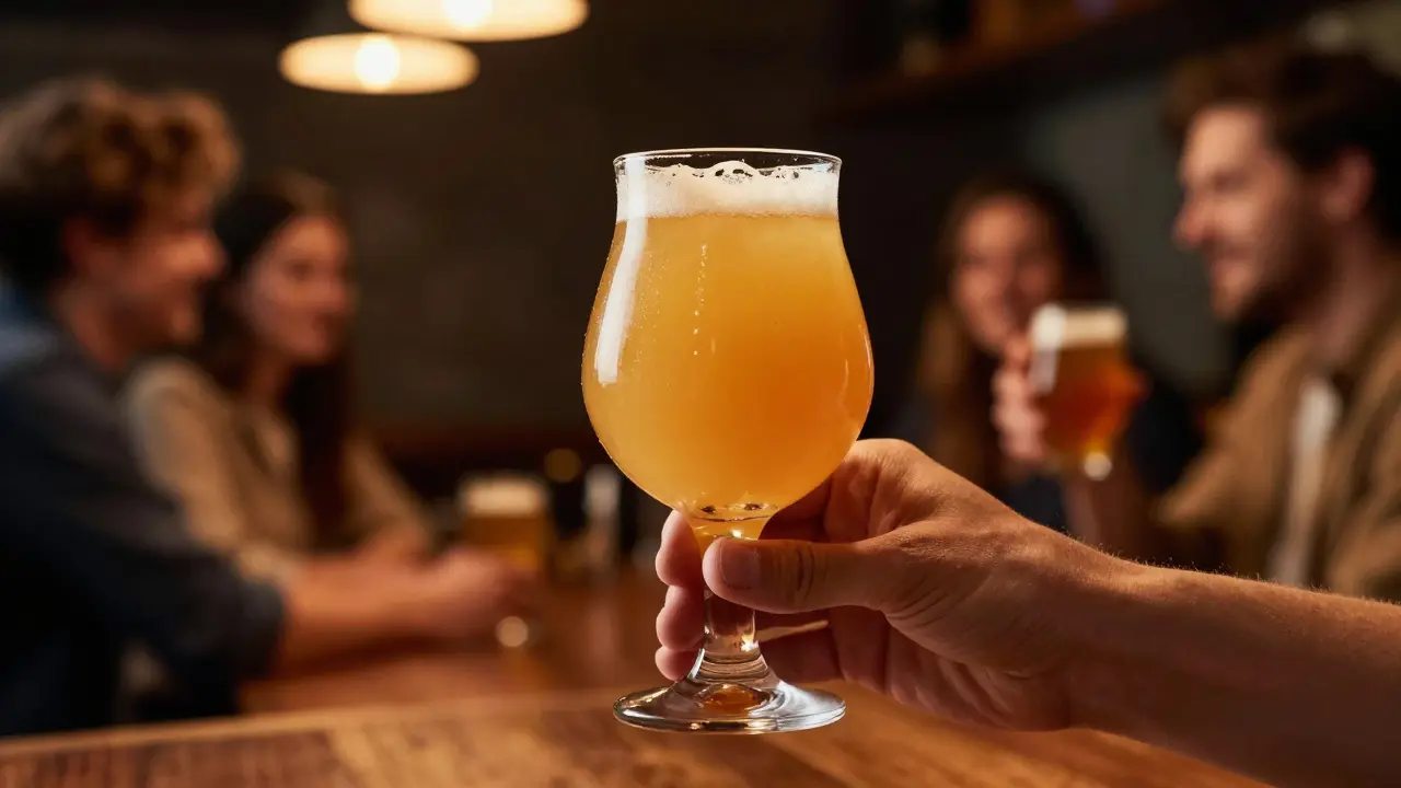Hand hält ein Glas trüben New England IPA in einer gemütlichen Bar-Atmosphäre