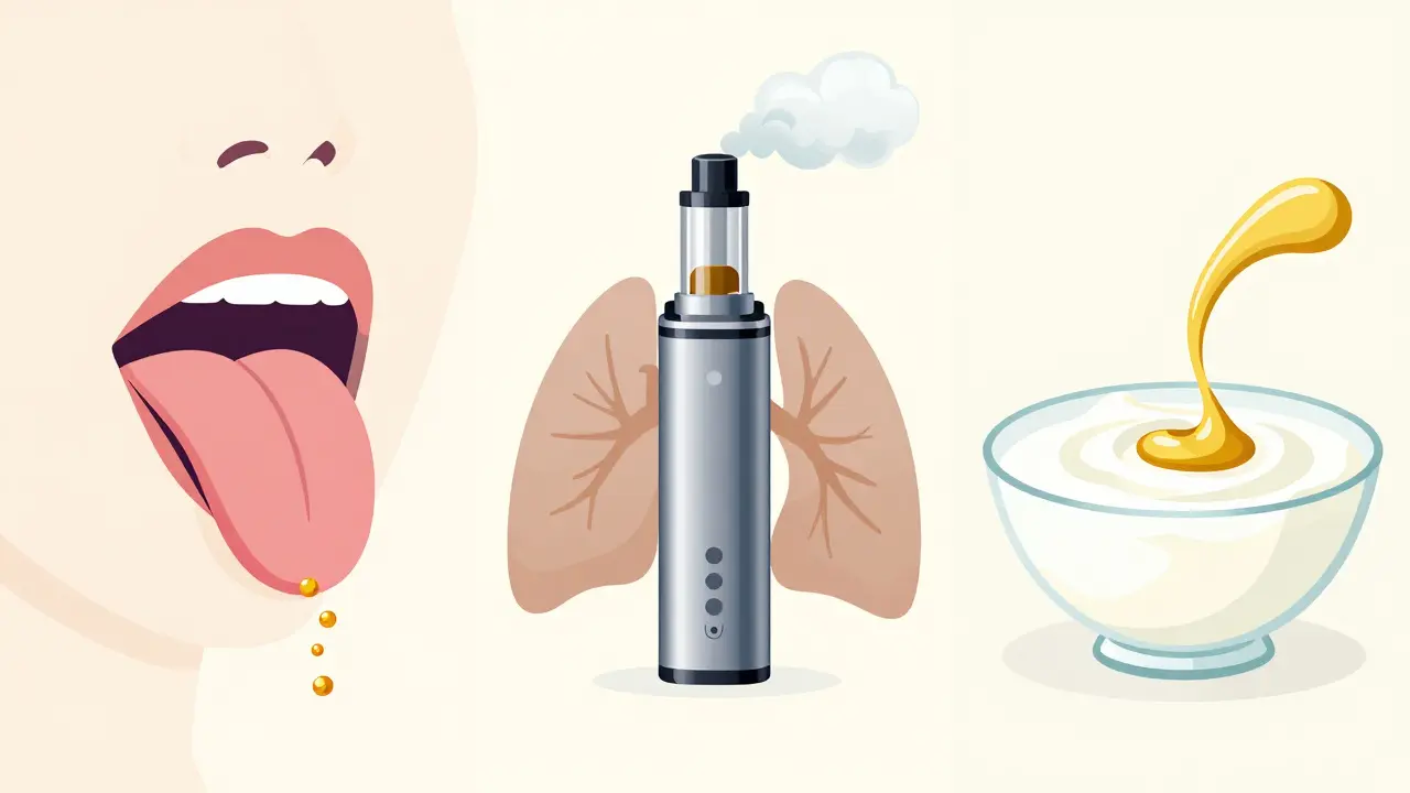 Illustration der drei Einnahmemethoden: sublingual, Vaping und oral