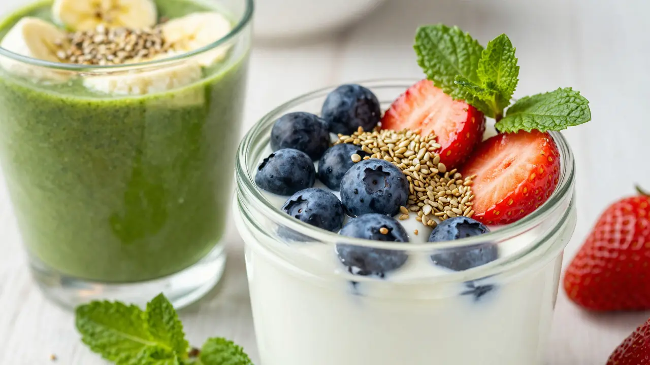 Joghurt mit Beeren und Hanfherzen als gesundes Frühstück