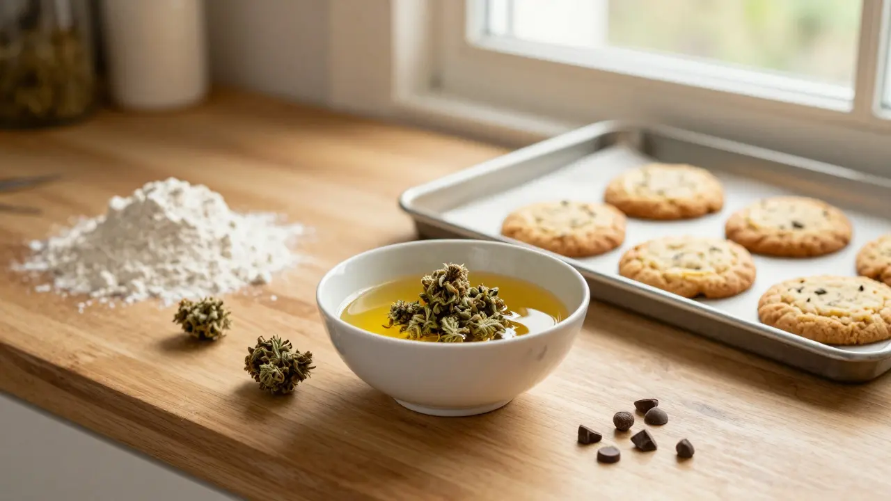 Kleine Cannabis-Blüten werden zum Backen von Cannabis-Keksen in Butter verarbeitet