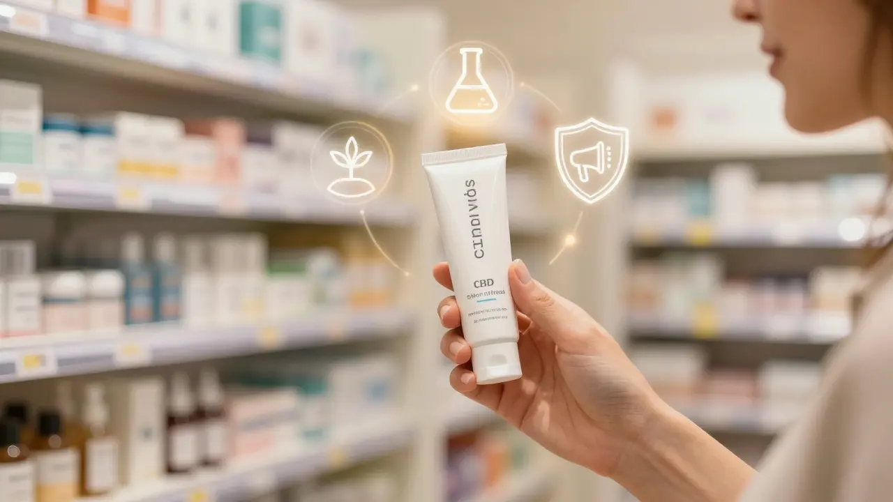 Konsument betrachtet CBD-Creme mit Kostenfaktoren