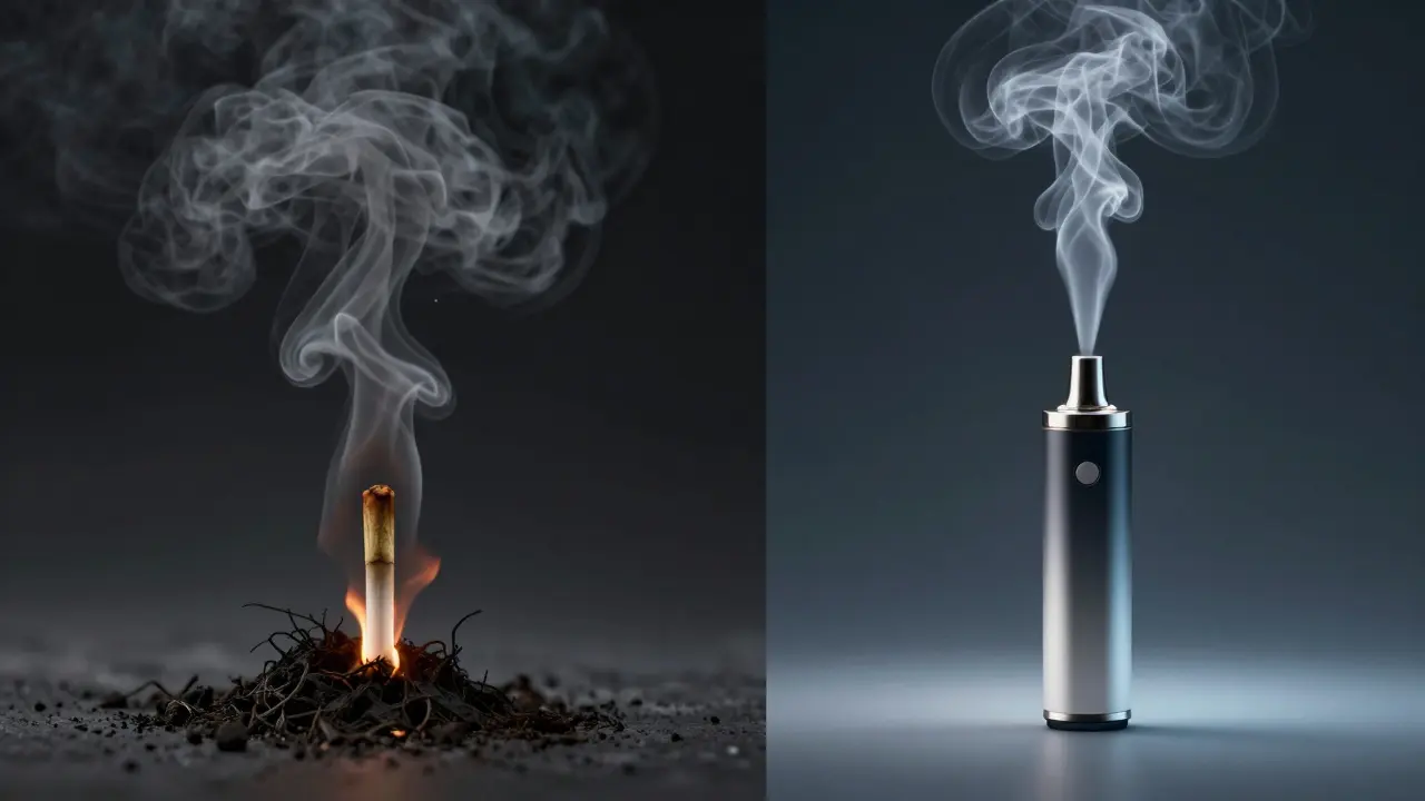 Kontrast zwischen schädlichem Rauch und sauberem Dampf eines Vaporizers