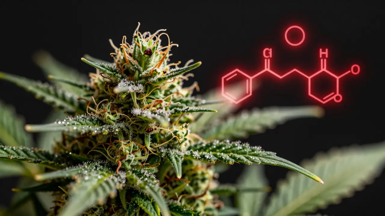 Makroaufnahme von Hanfblüten mit schwebenden THC-Molekülen