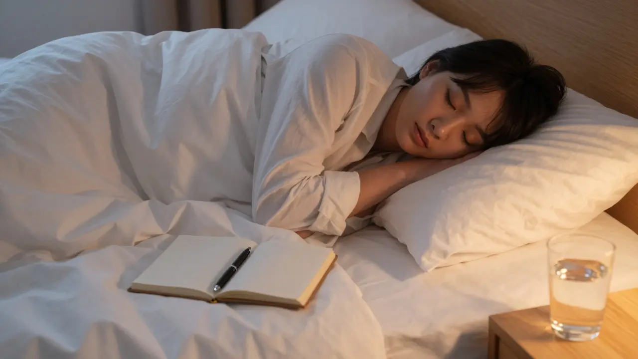 Mensch schläft friedlich, Tagebuch liegt am Nachttisch