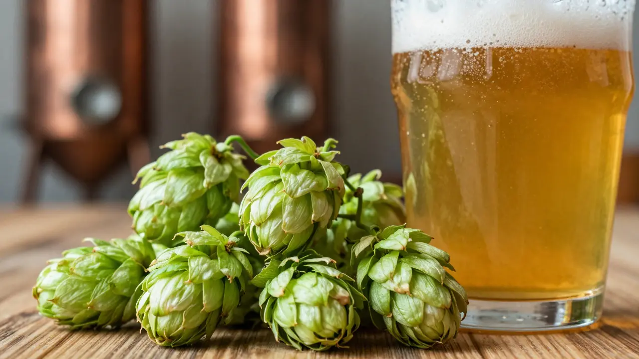Nahaufnahme von frischen Hopfenzapfen neben einem Glas bernsteinfarbenem IPA-Bier