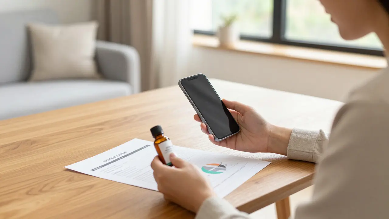 Person prüft Laborbericht und CBD-Produkt für sicheren Kauf