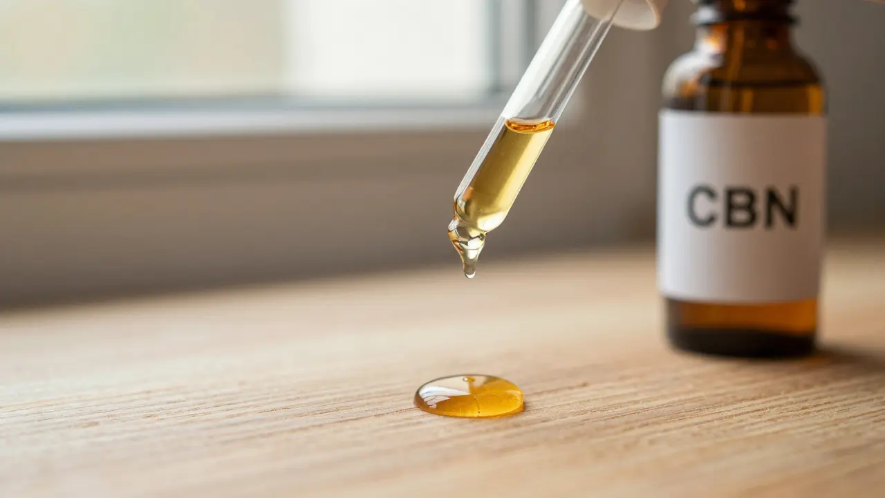 Tropfen CBN-Öl aus einer Pipette auf Holzoberfläche