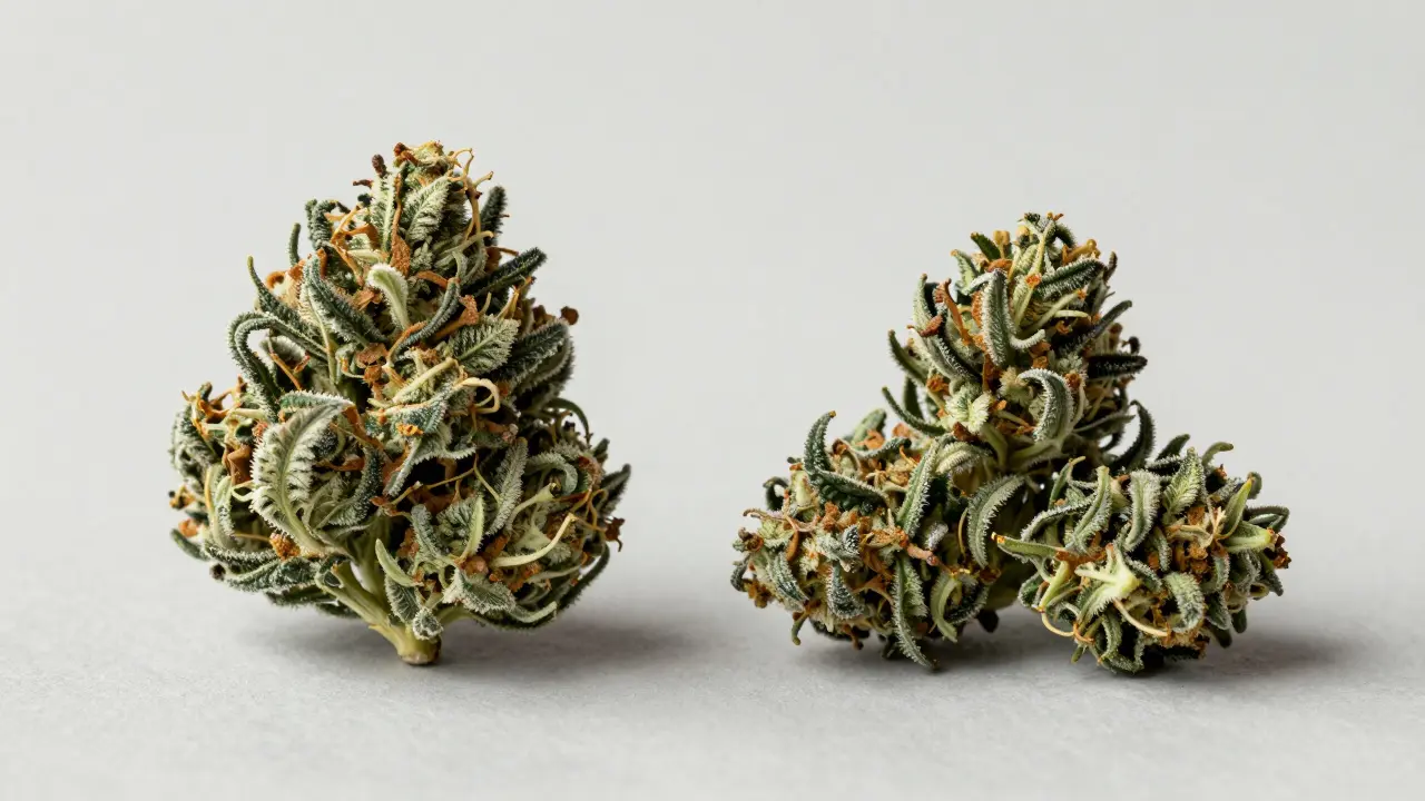 Vergleich von großer und kleiner Cannabis-Blüte mit gleicher Qualität auf neutralem Hintergrund
