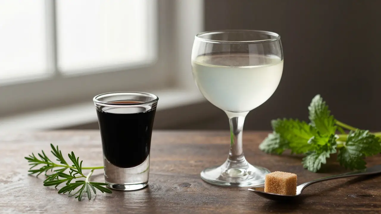 Vergleich von unverdünntem schwarzem Absinth und korrekt diluiertem Getränk