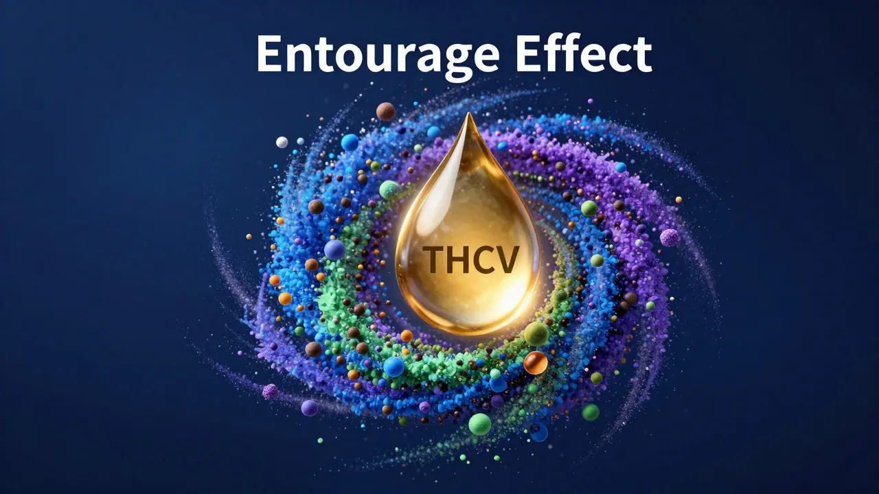 Abstrakte Darstellung des Entourage-Effekts mit synergistischen Cannabinoiden