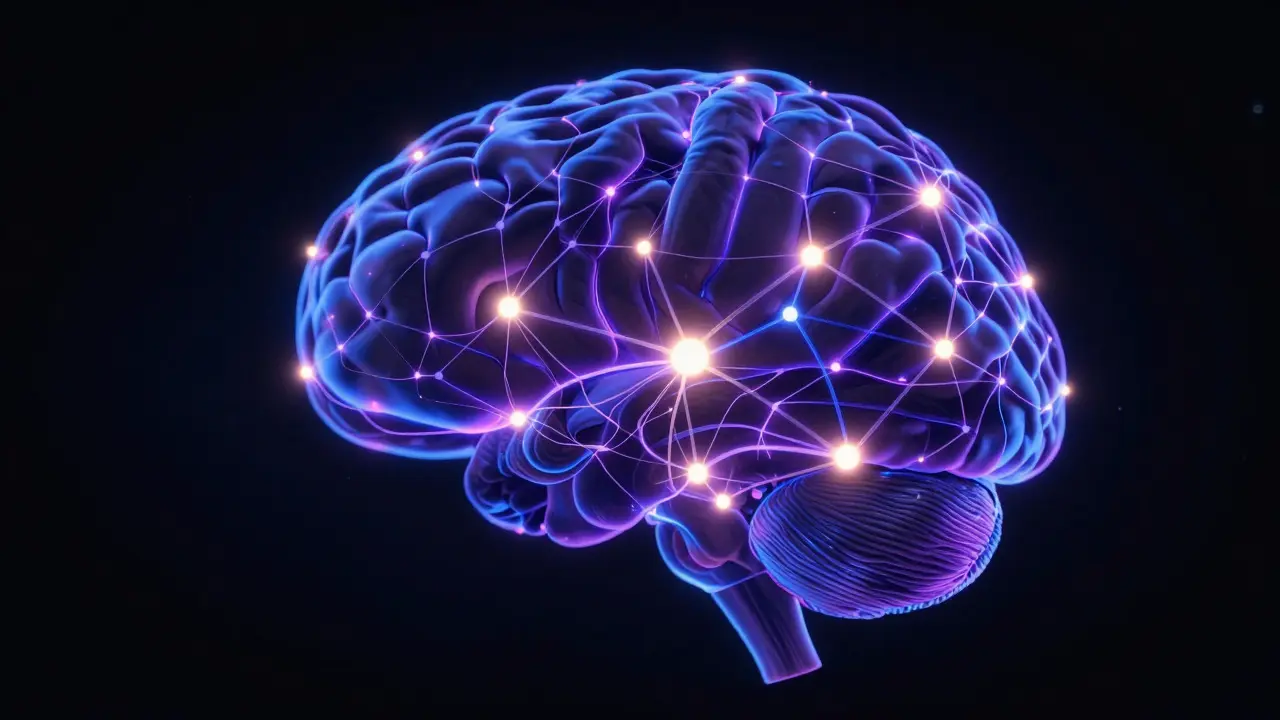 Abstrakte Darstellung des Gehirns mit leuchtenden neuronalen Verbindungen