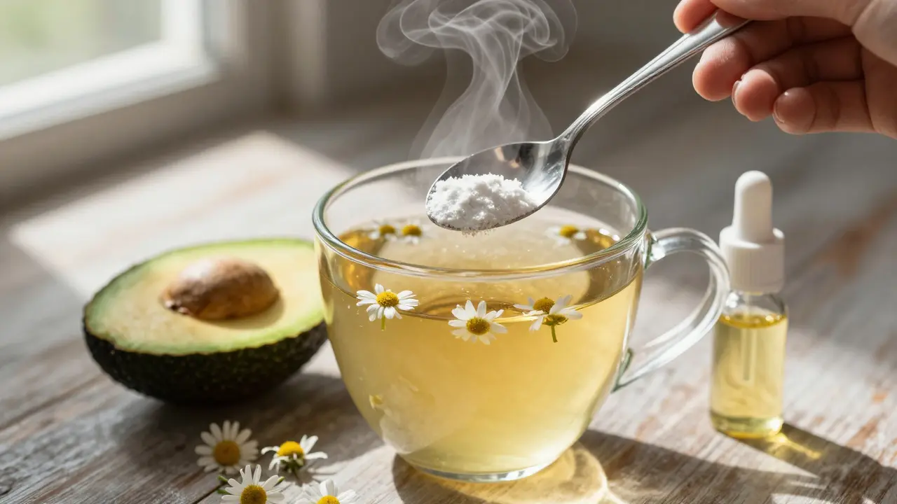 CBD-Pulver wird mit Tee und Fettquellen wie Avocado gemischt