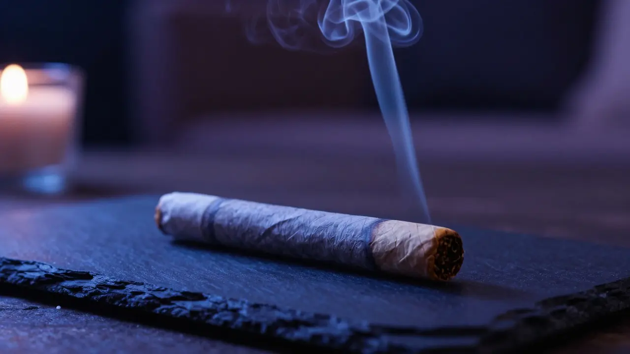 Ein gewickelter Blunt mit aufsteigendem Rauch in entspannter Atmosphäre