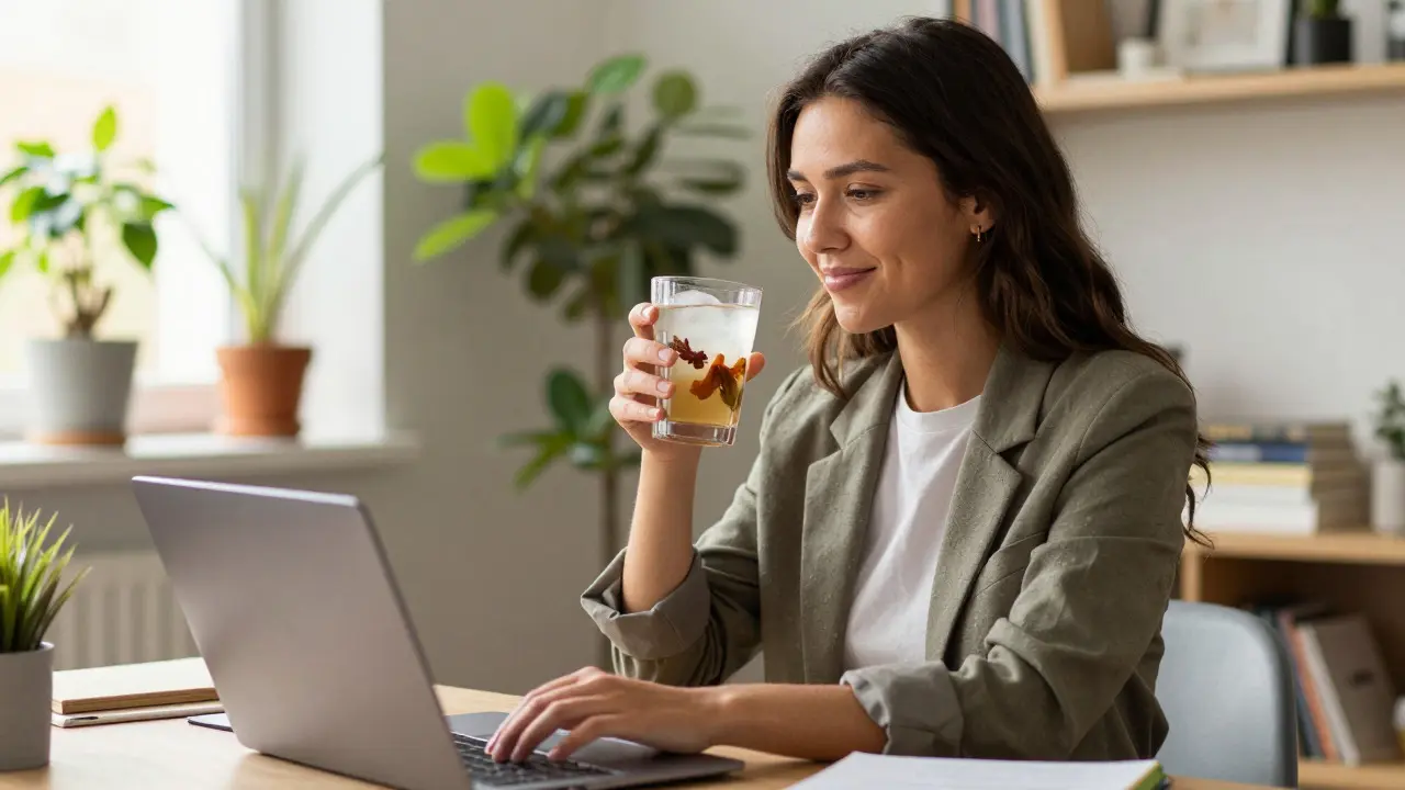 Frau arbeitet entspannt am Laptop mit Cannabis-Energy-Drink