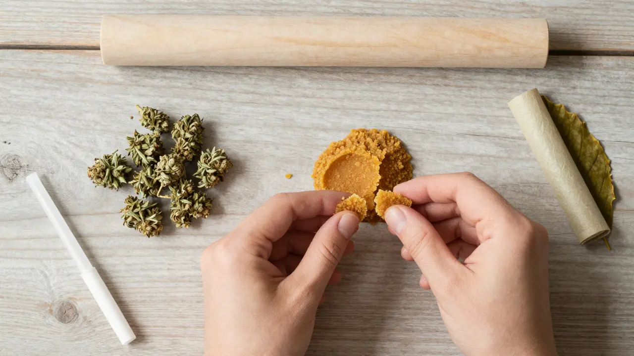 Hanfblüten und CBD Crumble bereit zum Mischen auf einem Holztisch
