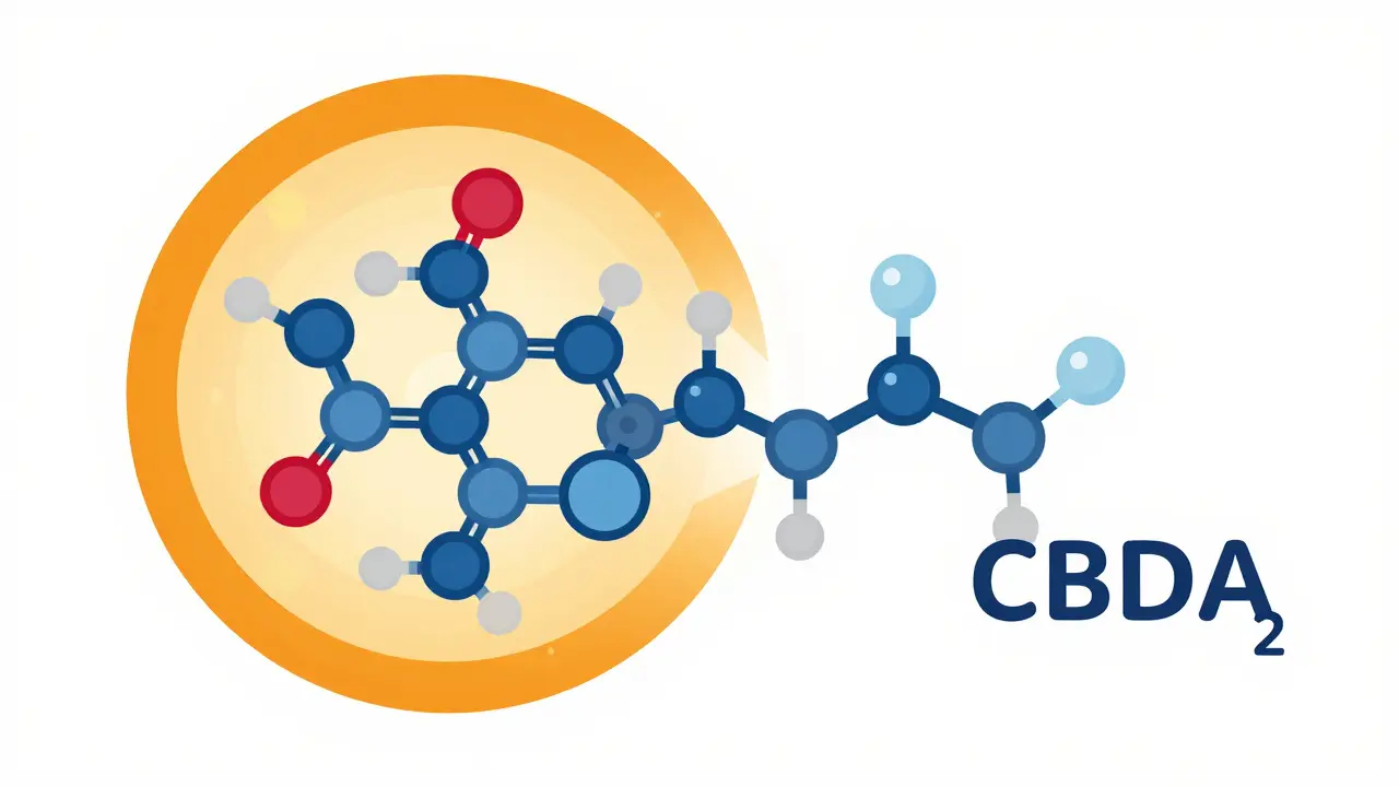 Illustration der Decarboxylierung: CBDA-Molekül wandelt sich durch Hitze in CBD um.