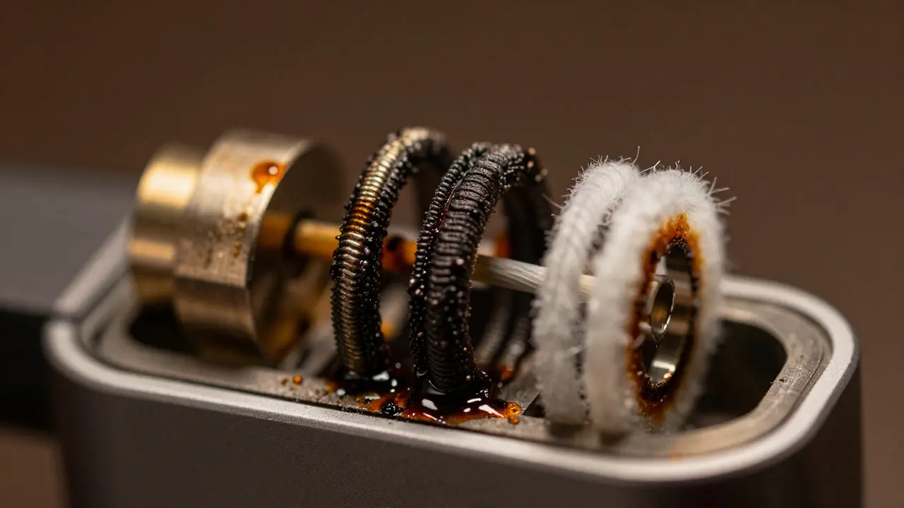 Makroaufnahme eines verstopften Vaporizer-Coils mit zähem Harz