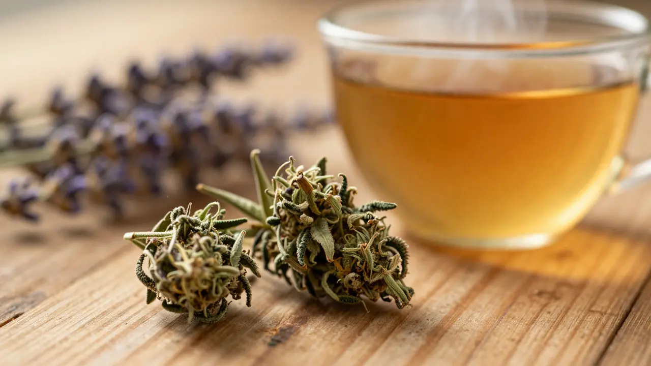 Nahaufnahme von CBD-Hanfblüten neben einer dampfenden Teetasse