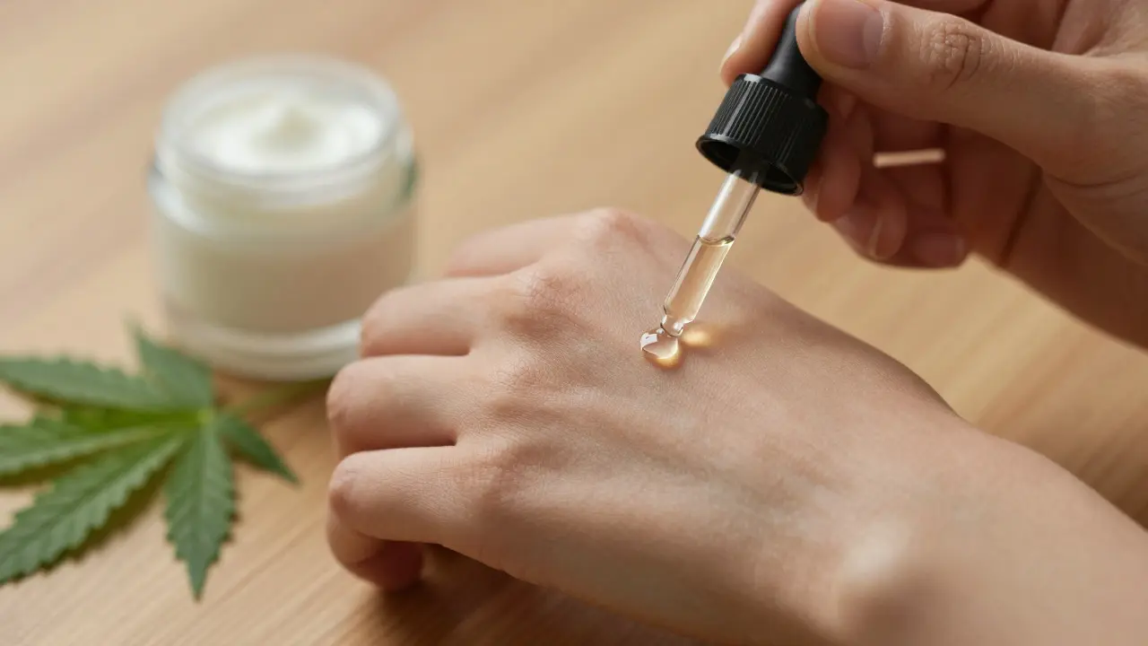 Patch-Test: Tropfen Hanföl wird am Handgelenk getestet