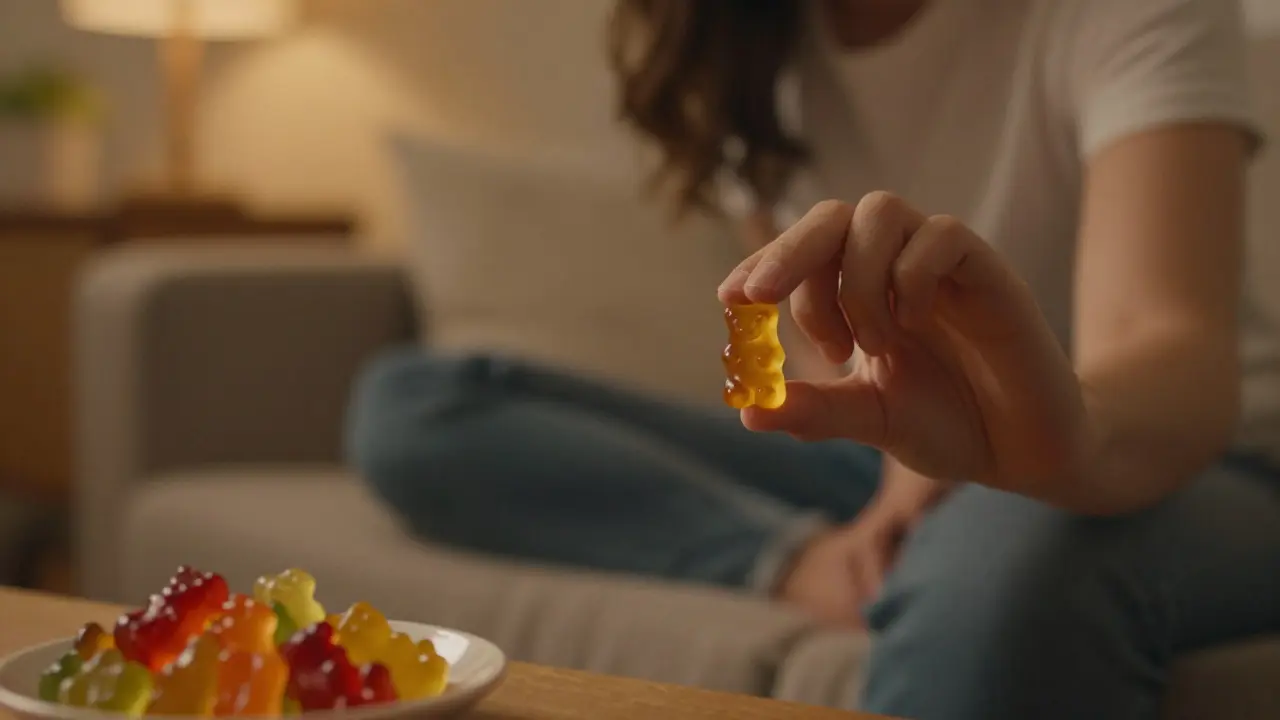 Person entspannt auf dem Sofa und hält einen Cannabinoid-Gummibärchen bei warmem Licht
