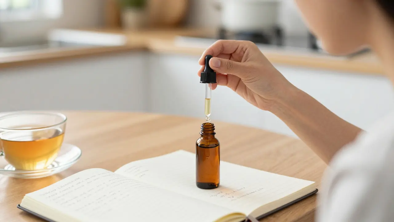 Person nimmt CBD-Öl sublingual ein, Notizbuch liegt daneben