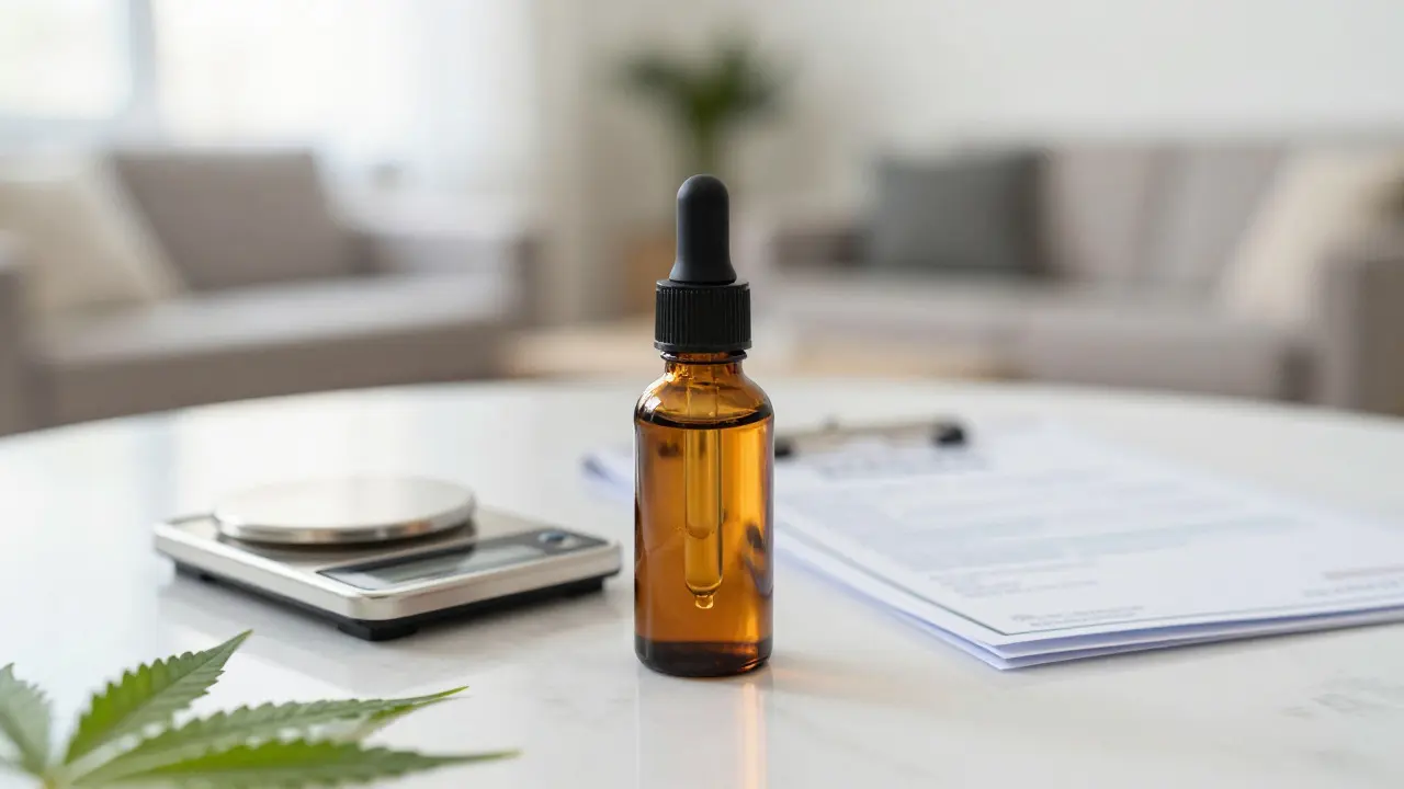 Tropfflasche mit Cannabinoid-Öl neben Waage für präzise Dosierung