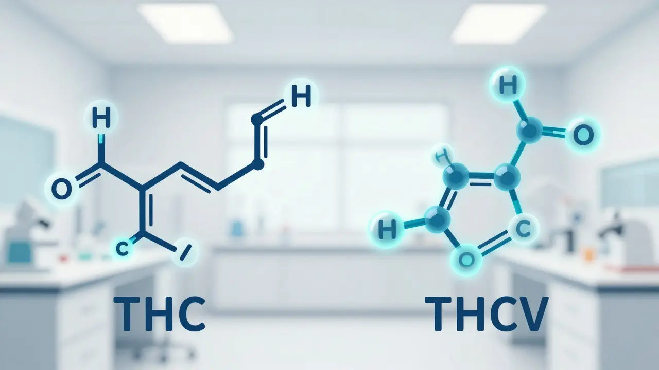 Vergleich der molekularen Struktur von THC und THCV im Laborstil