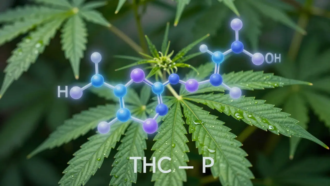 Abstract molecular structure hovering over a fresh green hemp leaf