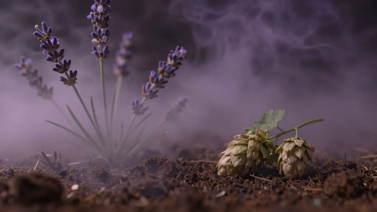 Abstrakte Darstellung von Indica-Terpenen mit Lavendel und Erde