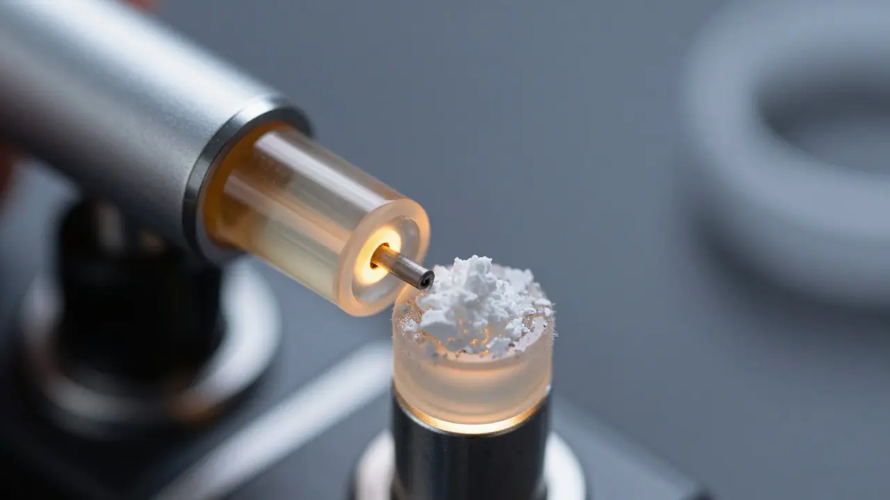 CBD-Pulver auf einem elektrischen Dab-Nagel mit Glaswolle