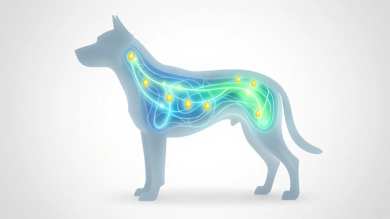 Grafik des Endocannabinoid-Systems im Körper eines Hundes