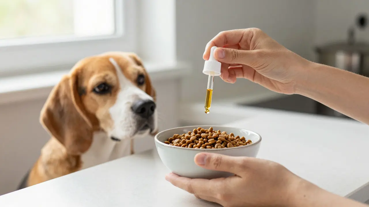 Hand gibt CBD-Öl in eine Schüssel mit Hundefutter für einen Beagle