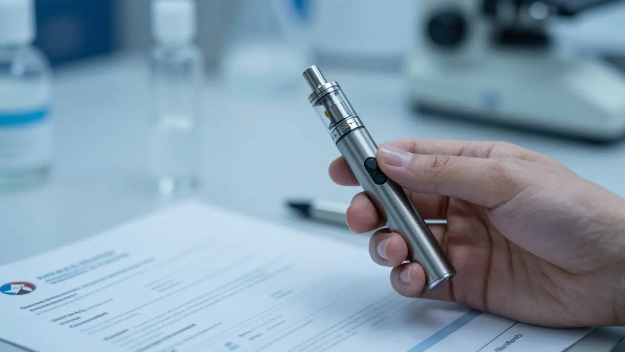 Hand hält einen Vape-Pen neben einem Glasfläschchen in einem Labor mit blauer Beleuchtung