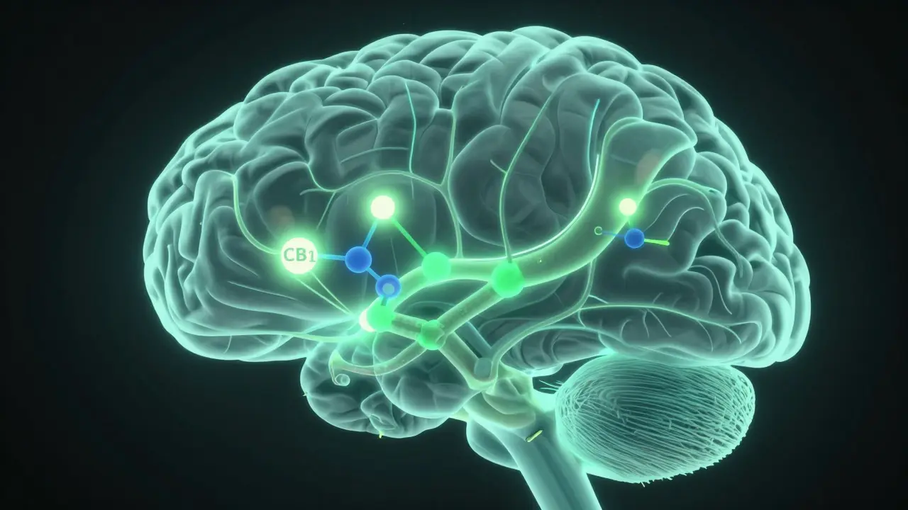Illustration of neural receptors in the brain glowing softly
