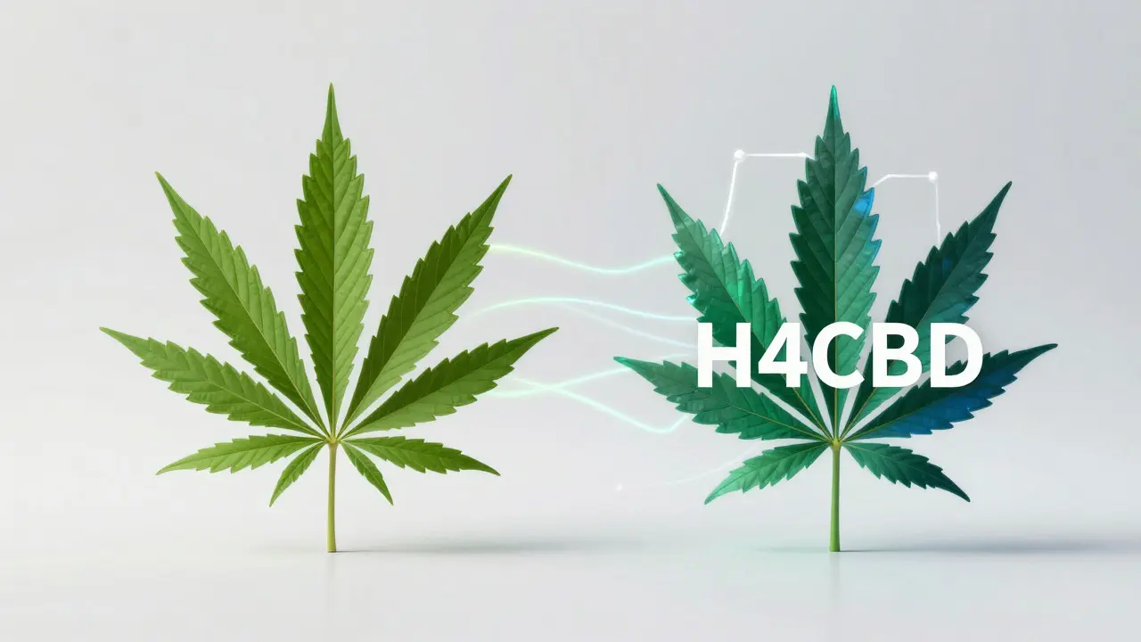 Konzeptkunst: Vergleich von CBD-Hanffolie und H4CBD-Molekülstruktur
