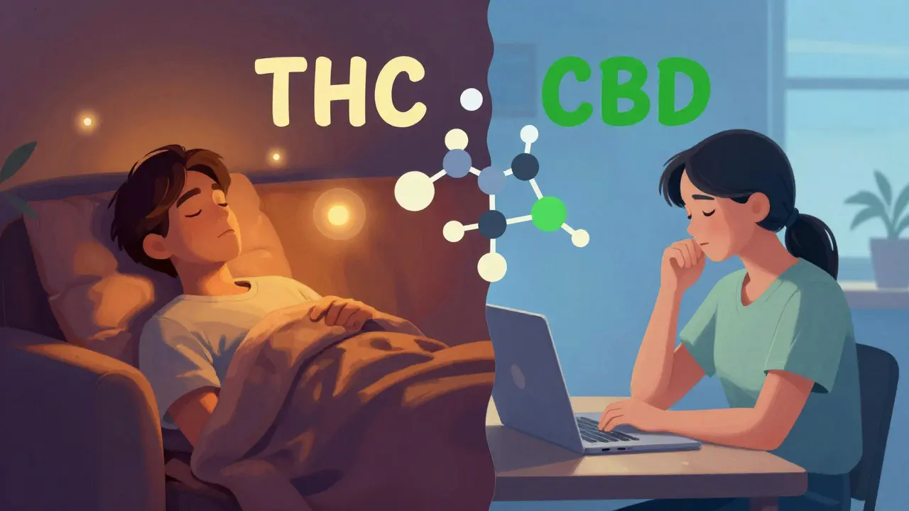 Künstlerische Darstellung von THC-Abendentspannung versus CBD-Tagesklarheit