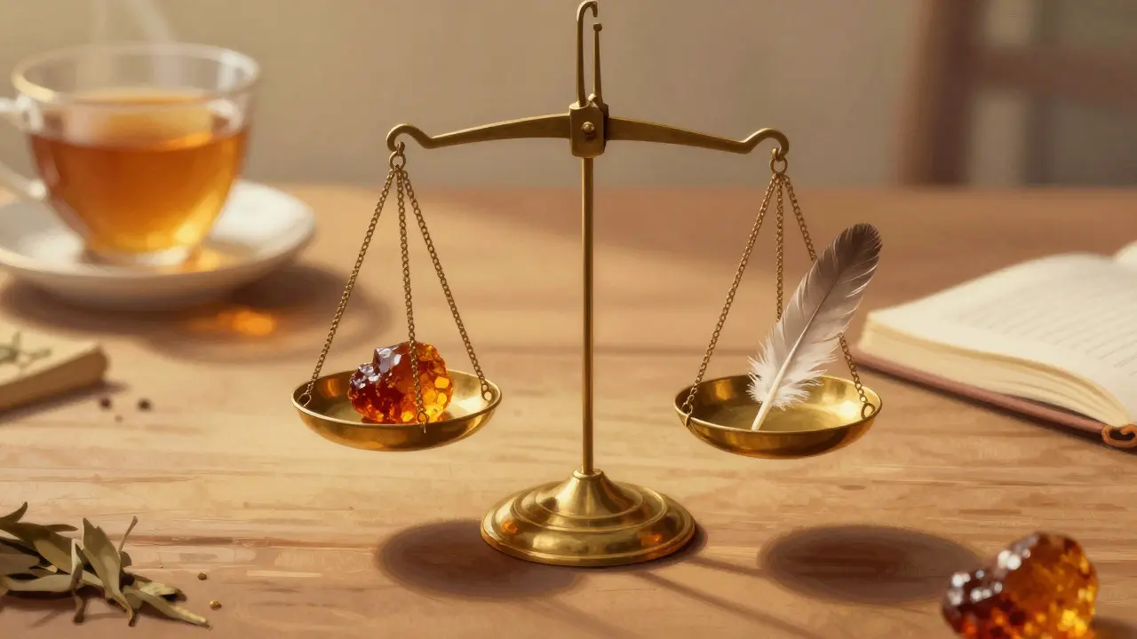 Kunstvolle Darstellung einer Waage mit einem kleinen Resin-Stück und einer Feder als Symbol für Dosierung