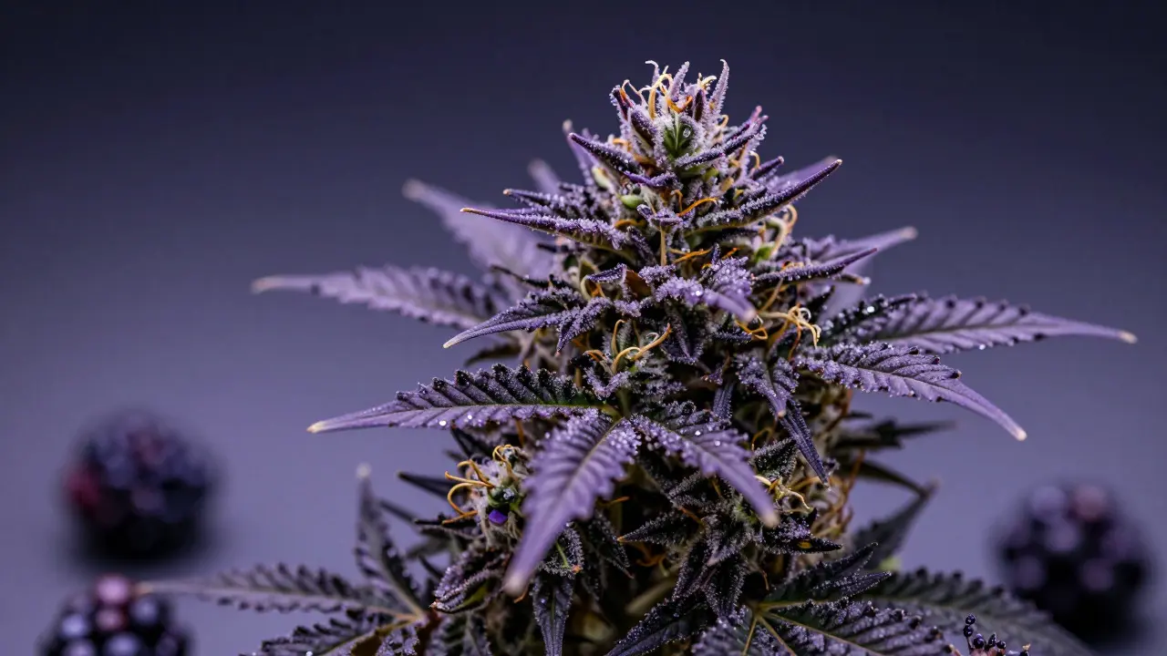 Makroaufnahme lila Cannabis-Blüten mit Trichomen und Beerenaroma-Assoziationen