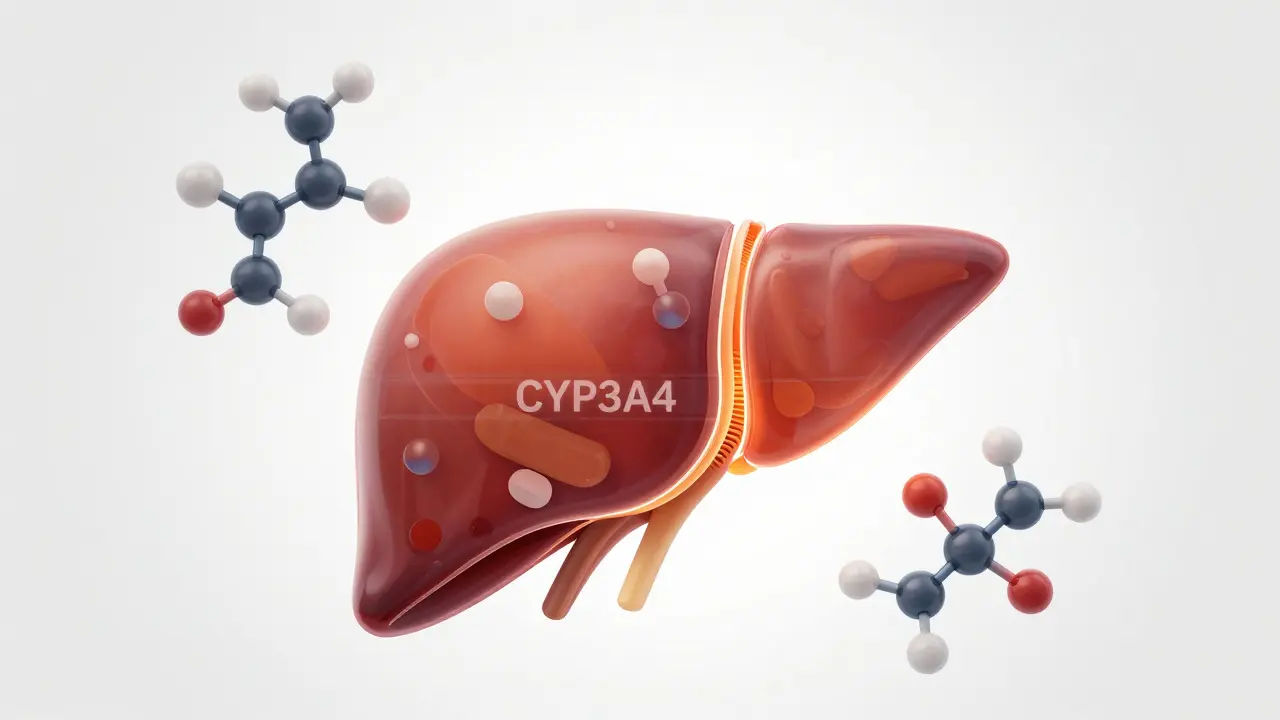 Medizinische Illustration der Leber mit CBD-Molekülen und Enzymen