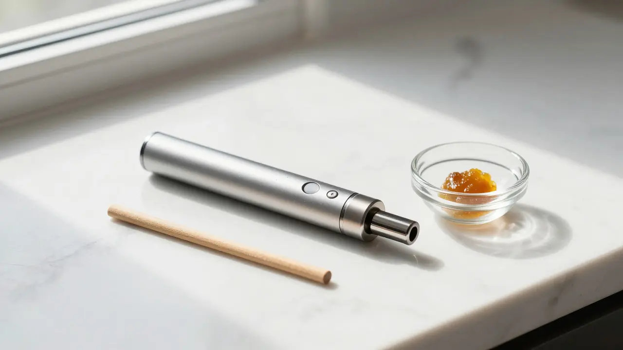 Moderner Wachs-Vaporizer mit Dabber und Crumble-Portion auf Marmor