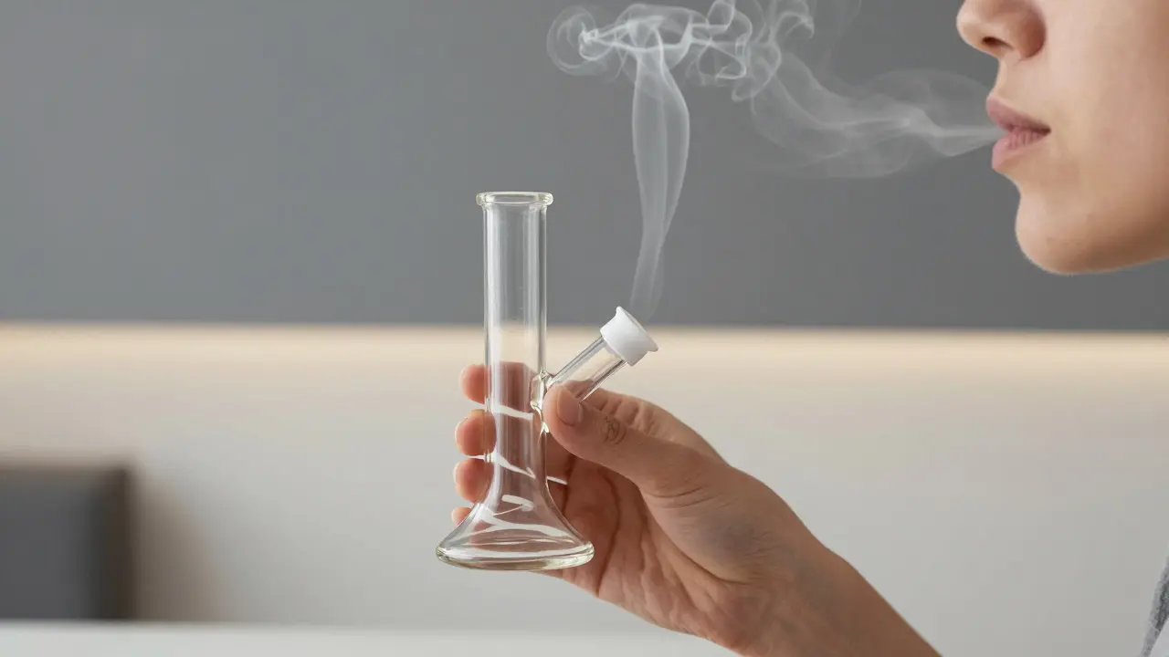 Person inhaliert klaren Dampf aus einer Glas-Dab-Rig
