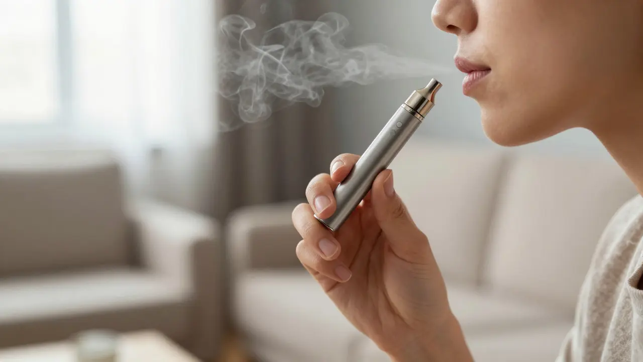 Person inhaliert mit einem schlanken Vape-Pen in einem ruhigen Wohnzimmer mit sanftem Licht