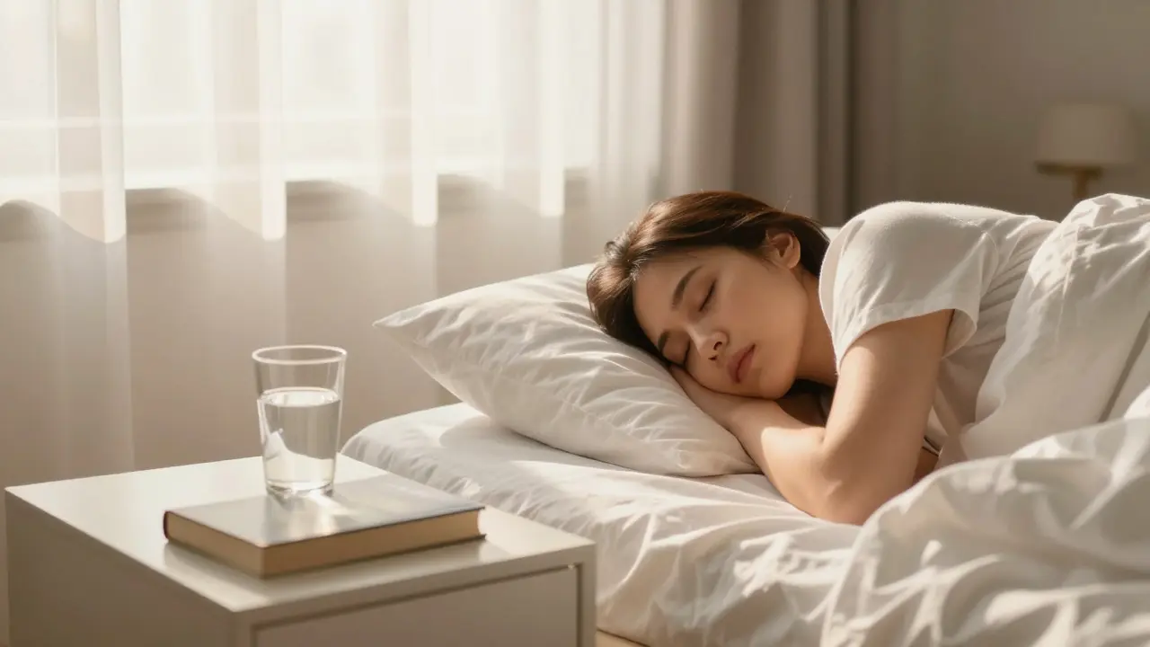 Person sleeping peacefully in a sunlit bedroom