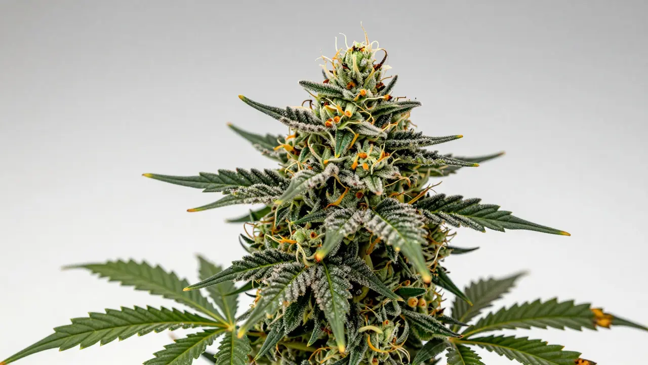 Reife Cannabis-Blüte mit glänzenden Harztrichomen für Kalium-Qualität