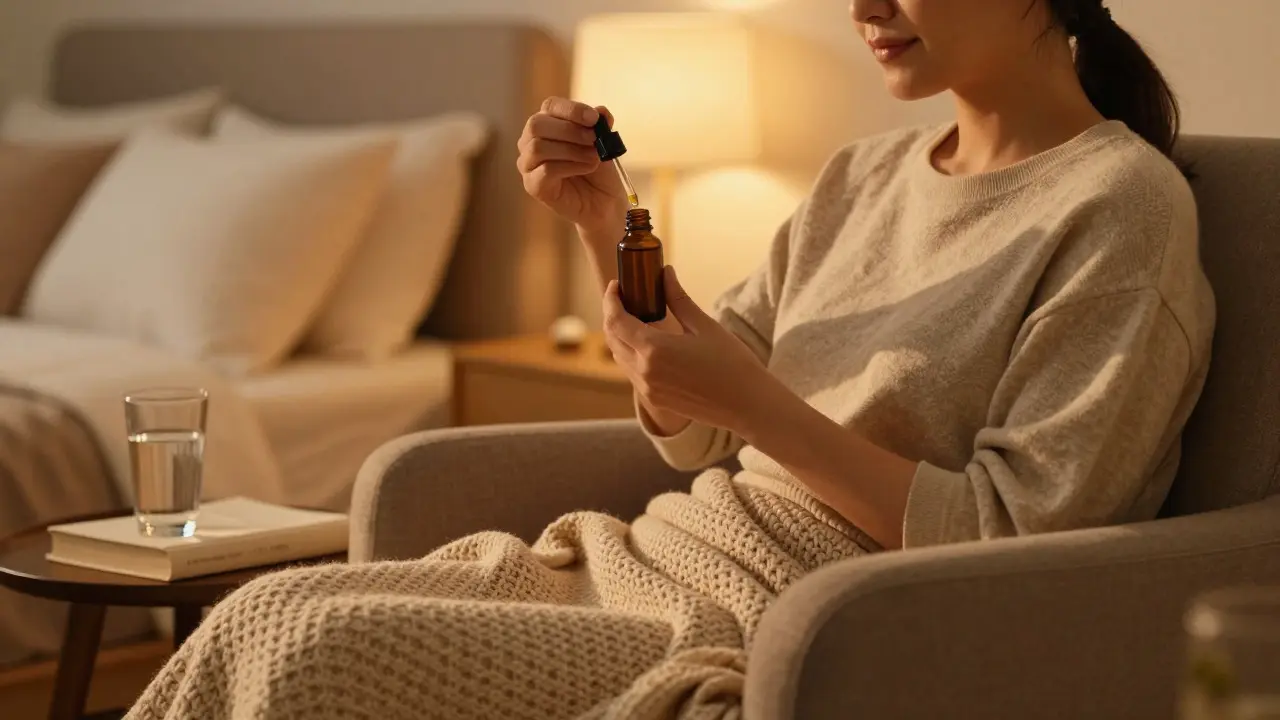 Ruhige Person nimmt abends ein Öl zur Entspannung in einem gemütlichen Zimmer