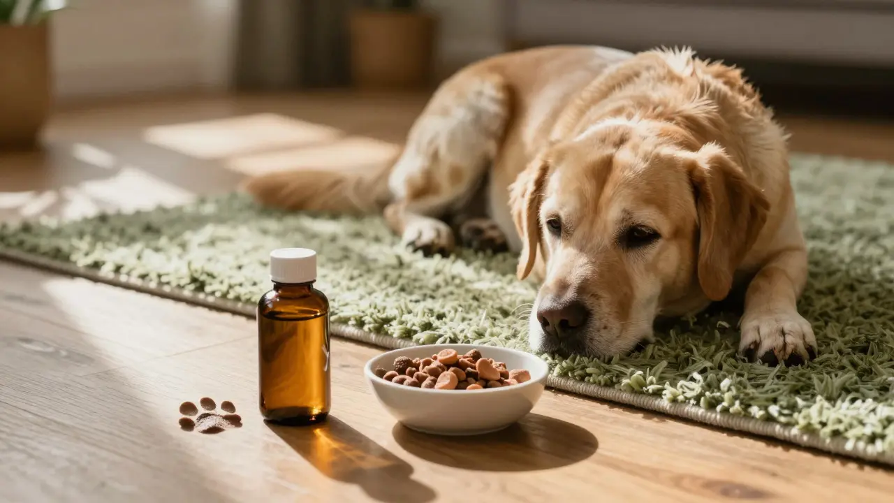 Ruhiger älterer Hund neben Futter und CBD-Flasche im Sonnenlicht