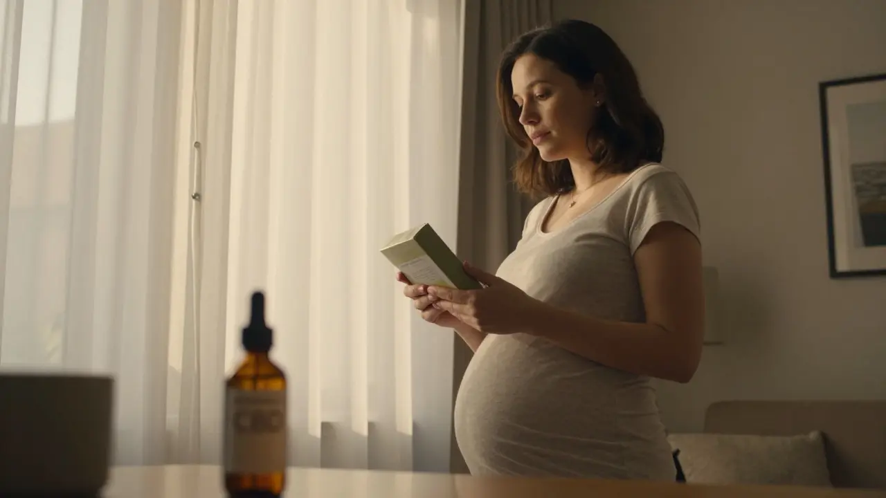 Schwangere Frau wählt Kräutertee statt CBD-Produkt am Fenster